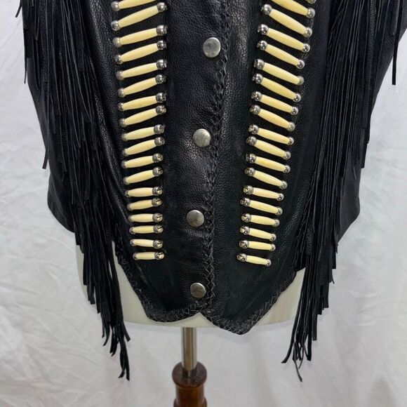Vtg Tribal America Beads & Fringe Native black leather biker vest XXL - Picture 3 of 10